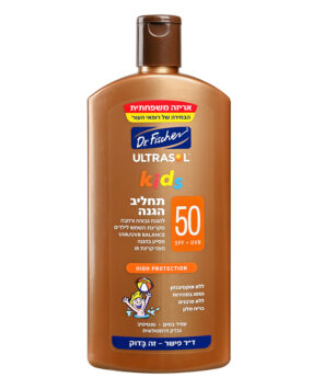 אולטרסול KIDS תחליב הגנה מוגדל 400 מיליליטר SPF50 להגנה גבוהה ורחבה מקרינת השמש לילדים UVA UVB BALANCE מסייע בהגנה מפני קרינת IR HIGH PROTECTION ללא אוקסיבנזון נספג במהירות ללא פרבנים בריח מלון עמיד במים סנסיטיב נבדק דרמטולוגית