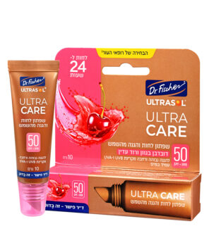 אולטרסול ULTRA CARE שפתון לחות והגנה מהשמש SPF50 דובדבן 10 גרם בגוון ורוד עדין להגנה גבוהה ורחבה מקרינת UVA UVB עמיד במים